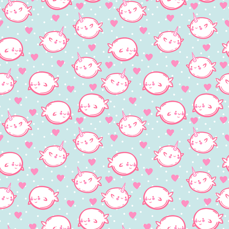 Funny vector seamless pattern with unicorn fish. Cute whales and narwhals in hearts. Children's drawing.のイラスト素材