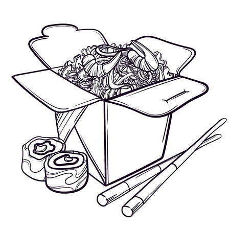 Vector illustration of an Asian restaurant opened to take out a box filled with noodles, shrimp, sushi and chopsticks.のイラスト素材