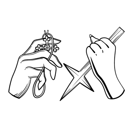 Attributes cross and count.. Vector illustration with hands of a vampire hunter.のイラスト素材