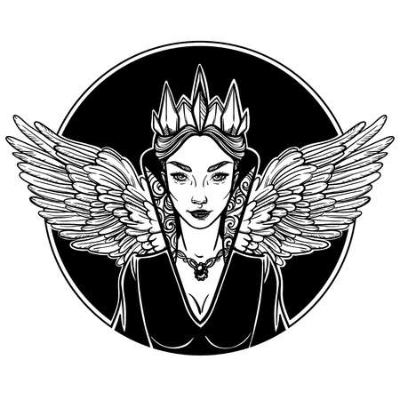 Vector illustration with Evil Queen and the wings of a crow. For coloring books or print clothes.のイラスト素材