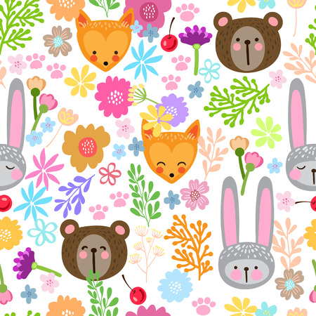 Vector seamless pattern with cute animals. Beautiful children's print with bunny, teddy bear, fox and flower. Cute children's pattern.のイラスト素材