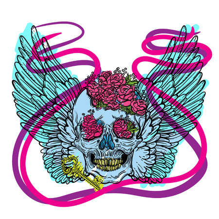 Line art illustration of angel wings, scary skull and flowers. Vintage print for St. Valentine s Day. Sketch for tattoo, hipster t-shirt design, vintage style posters.の写真素材