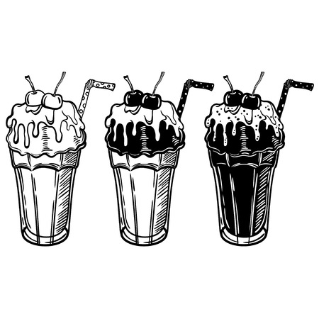 Vector illustration with a glass of ice cream and cherry. Cream with syrup. Perfect print for the menu in a cafe or restaurant.のイラスト素材