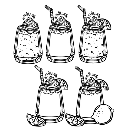 Vector illustration with a glass of ice cream and lemon. Sweet summer cocktail. Soda and lime. Perfect print for the menu in a cafe or restaurant.のイラスト素材