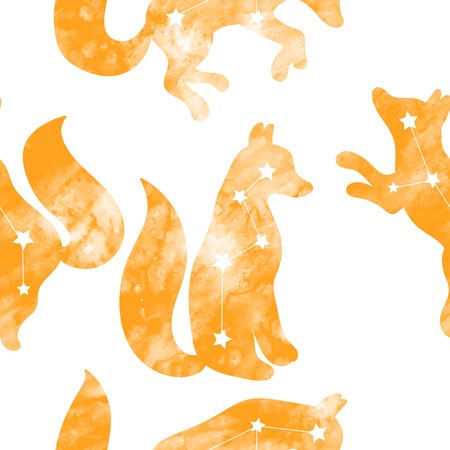 Cute seamless pattern with a fox. Constellation of the fox. Vector. Watercolor pattern.のイラスト素材