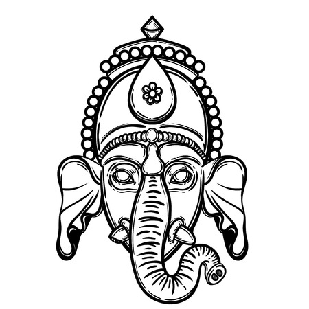 Lineart illustration of Ganesha, Hindu god elephant in black and white.のイラスト素材