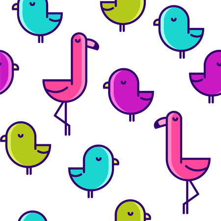 Borderless pattern with flat birds, flamingo and little kiwi.のイラスト素材