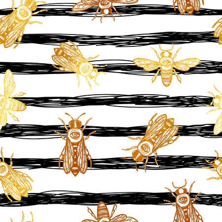 seamless vector pattern with bees. bees with eye. occult bees and fly. gold insect and black stripes.のイラスト素材