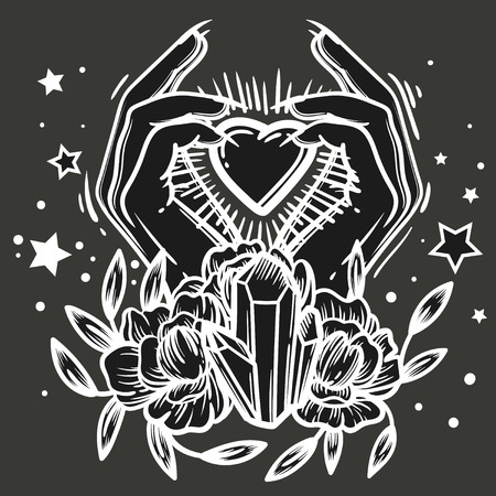 Witchcraft. Witch hand, magic crystal and flowers peonies. linear tattoo print illustration.のイラスト素材
