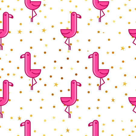 Tropical seamless pattern with pink flamingos and golden dots and stars. Design for fabric, wallpaper, textile and decor.のイラスト素材