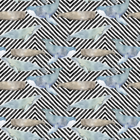 Watercolor illustration with whale and black stripes on the background. Seamless pattern with watercolor whales.の写真素材