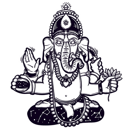 Vector illustration of Ganesha. Hindu god elephant Ganesha. Lineart.のイラスト素材