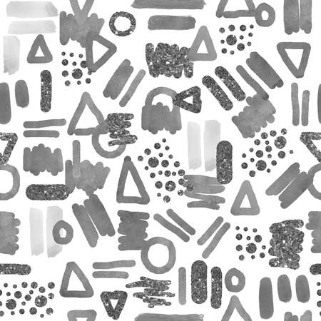 Watercolor seamless pattern with retro figures isolated on a white background. Watercolor illustration with geometry.の写真素材