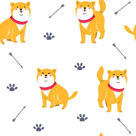 Cute funny cartoon dogs. Vector Shiba inu. Seamless pattern. Furry human friends. Home animal.のイラスト素材