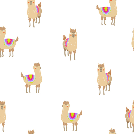 Seamless vector pattern with cute alpacas. Child illustration with a lama from Peru.のイラスト素材