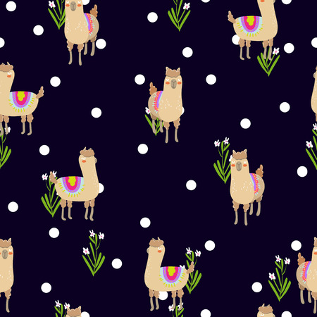 Seamless vector pattern with cute alpacas. Child illustration with a lama from Peru.のイラスト素材