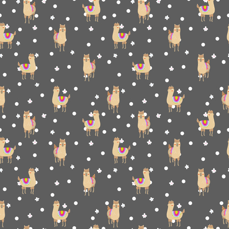 Seamless vector pattern with cute alpacas. Child illustration with a lama from Peru.のイラスト素材
