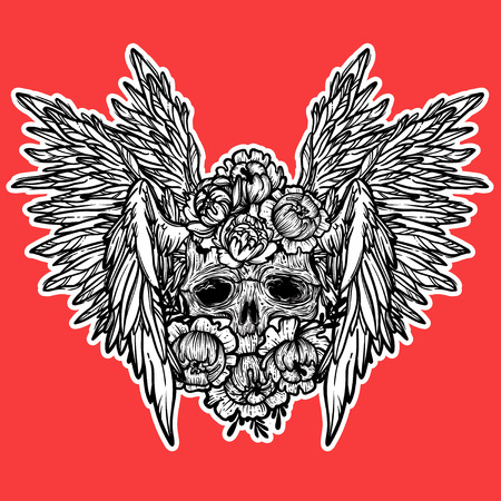 Vector print with a human skull,wings and flowers. Gothic brutal skull. Angel. For print t-shirts or book coloring.のイラスト素材
