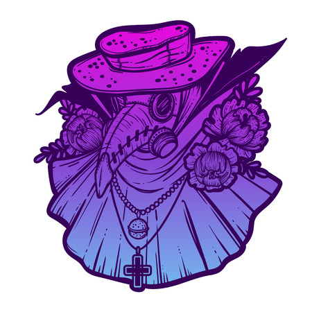 Vector art illustration with Plague Doctor. Poster Design. Tattoo style, lineart.のイラスト素材