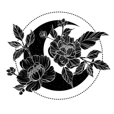 Moon with peony flowers. Beautiful illustration with moon and flowers.のイラスト素材