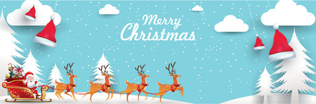 Merry Christmas and Happy New Year.Santa Claus is rides reindeer sleigh with a sack of gifts in Christmas snow scene. vector illustration Greeting card poster horizontal banner paper art conceptのイラスト素材