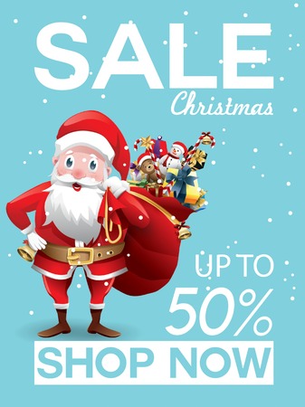 Christmas sale discount offer. Cartoon Santa Claus with huge red bag with presents in snow scene for New Year promotion banners, headers, posters, stickers and labelsのイラスト素材