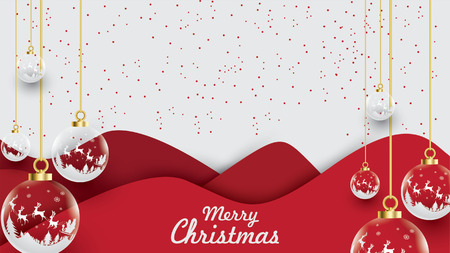 Merry Christmas and Happy New Year. Illustration of Santa Claus on the sky with reindeer sleigh and bag of gift, paper art and digital craft styleのイラスト素材