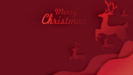 Merry Christmas and Happy New Year. Illustration of Santa Claus on the sky with reindeer sleigh and bag of gift, paper art and digital craft styleのイラスト素材