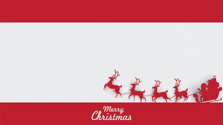 Merry Christmas and Happy New Year. Illustration of Santa Claus on the sky with reindeer sleigh and bag of gift, paper art and digital craft styleのイラスト素材