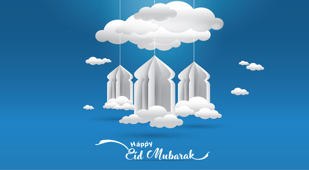 Eid Mubarak greeting Card Illustration, ramadan kareem cartoon vector Wishing for Islamic festival for banner, poster, background, flyer,illustration, brochure and sale backgroundのイラスト素材