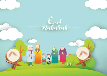 Muslim family greeting celebrating Eid mubarak, ramadan kareem cartoon vector Wishing for Islamic festival for banner, poster, background, flyer,illustration , greeting card, brochure and sale backgroundのイラスト素材