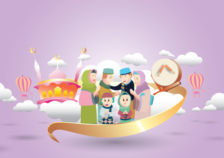 Eid Mubarak vector illustration with Family Character. Vector Illustration for greeting card, poster and banner.のイラスト素材