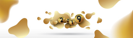 2019 Happy new year with with liquid dynamic fluid spheres and christmas balls or abstract balls or bubbles.3d sign copy space. Festive poster or banner design. Party invitationのイラスト素材