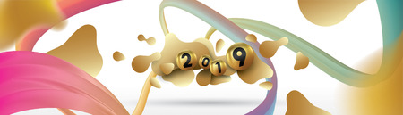 2019 Happy new year with with liquid dynamic fluid spheres and christmas balls or abstract balls or bubbles.3d sign copy space. Festive poster or banner design. Party invitationのイラスト素材