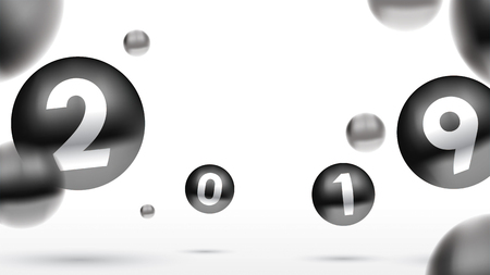 2019 Happy new year with color Christmas balls or abstract balls or bubbles.3d sign copy space. Festive poster or banner design. Party invitationのイラスト素材