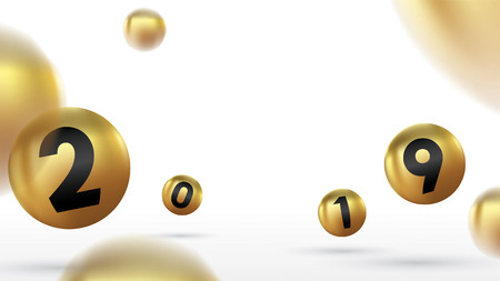 2019 Happy new year with color Christmas balls or abstract balls or bubbles.3d sign copy space. Festive poster or banner design. Party invitationのイラスト素材