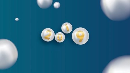 2019 Happy new year with color Christmas balls or abstract balls or bubbles.3d sign copy space. Festive poster or banner design. Party invitationのイラスト素材