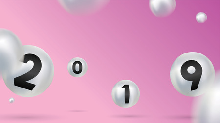 2019 Happy new year with color Christmas balls or abstract balls or bubbles.3d sign copy space. Festive poster or banner design. Party invitationのイラスト素材