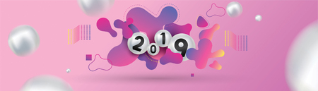 2019 Happy new year with with liquid dynamic fluid spheres and christmas balls or abstract balls or bubbles.3d sign copy space. Festive poster or banner design. Party invitationのイラスト素材