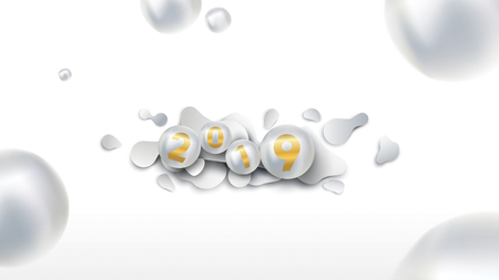 2019 Happy new year with with liquid dynamic fluid spheres and christmas balls or abstract balls or bubbles.3d sign copy space. Festive poster or banner design. Party invitationのイラスト素材