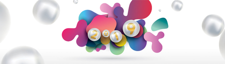 2019 Happy new year with with liquid dynamic fluid spheres and christmas balls or abstract balls or bubbles.3d sign copy space. Festive poster or banner design. Party invitationのイラスト素材