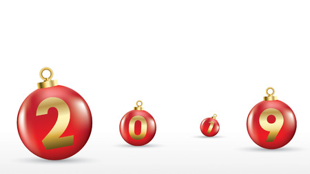 2019 Happy new year with color Christmas balls or abstract balls or bubbles.3d sign copy space. Festive poster or banner design. Party invitationのイラスト素材