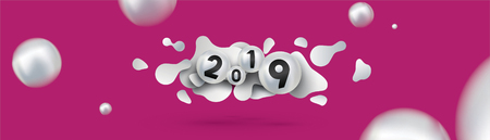 2019 Happy new year with with liquid dynamic fluid spheres and christmas balls or abstract balls or bubbles.3d sign copy space. Festive poster or banner design. Party invitationのイラスト素材
