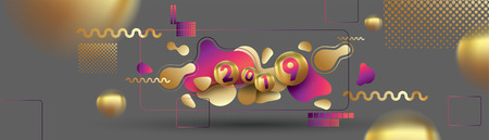 2019 Happy new year with with liquid dynamic fluid spheres and christmas balls or abstract balls or bubbles.3d sign copy space. Festive poster or banner design. Party invitationのイラスト素材