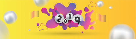 2019 Happy new year with with liquid dynamic fluid spheres and christmas balls or abstract balls or bubbles.3d sign copy space. Festive poster or banner design. Party invitationのイラスト素材
