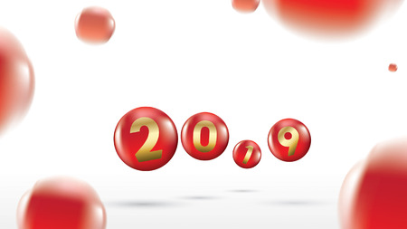 2019 Happy new year with color Christmas balls or abstract balls or bubbles.3d sign copy space. Festive poster or banner design. Party invitationのイラスト素材