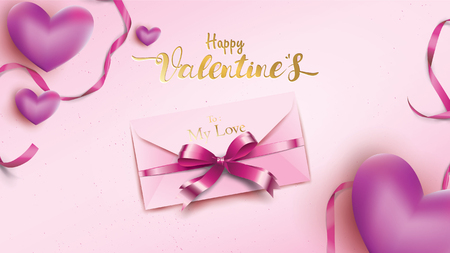Happy Valentines Day greeting card with pink envelope and purple heart. Gold valentine ribbon concept text suitable for banner, poster, advertising and promotion backgroundのイラスト素材