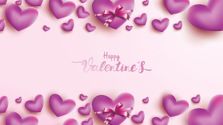 Happy Valentines Day greeting card with pink and purple heart balloon ribbon. Love background concept suitable for copy space text Wallpaper, flyers, invitation, posters, brochure, bannersのイラスト素材