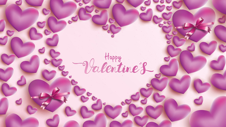 Happy Valentines Day greeting card with pink and purple heart balloon ribbon. Love background concept suitable for copy space text Wallpaper, flyers, invitation, posters, brochure, bannersのイラスト素材
