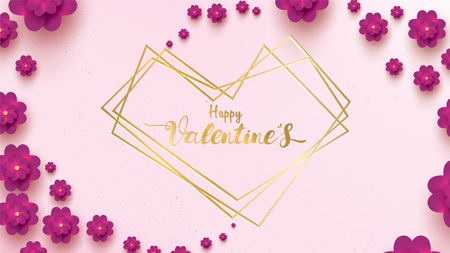 Happy Valentines Day greeting card with pink and purple flower rose. floral background concept with line strip geometric suitable for copy space text , flyers, invitation, posters, brochure, bannersのイラスト素材